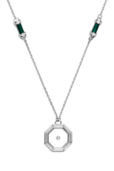 Mini Hexagon Amulet of Light Pillar Necklace, 18k White Gold with Malachite, Transparent de Roche & Diamonds